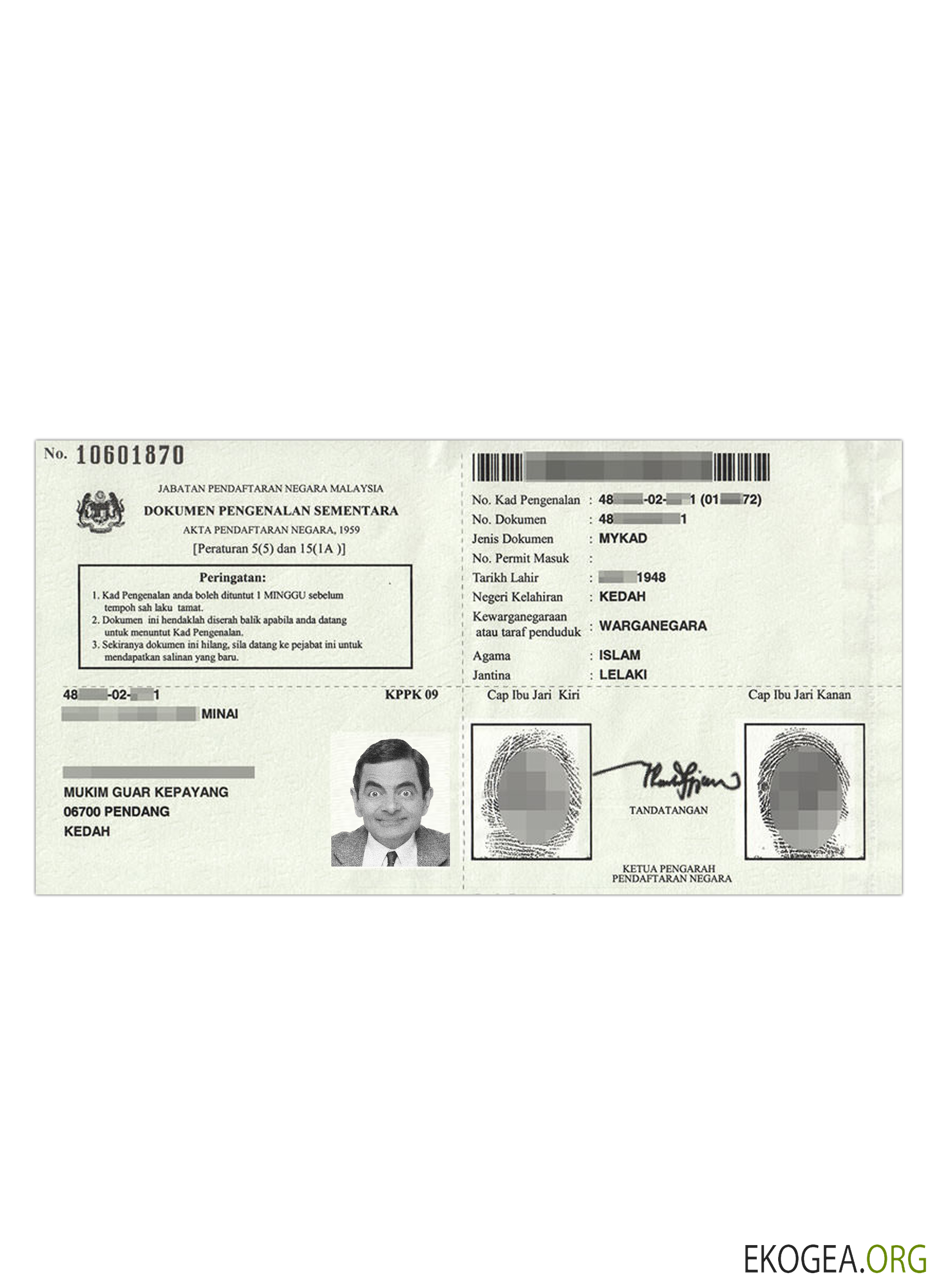 Certificat d'identification temporaire de Malaisie